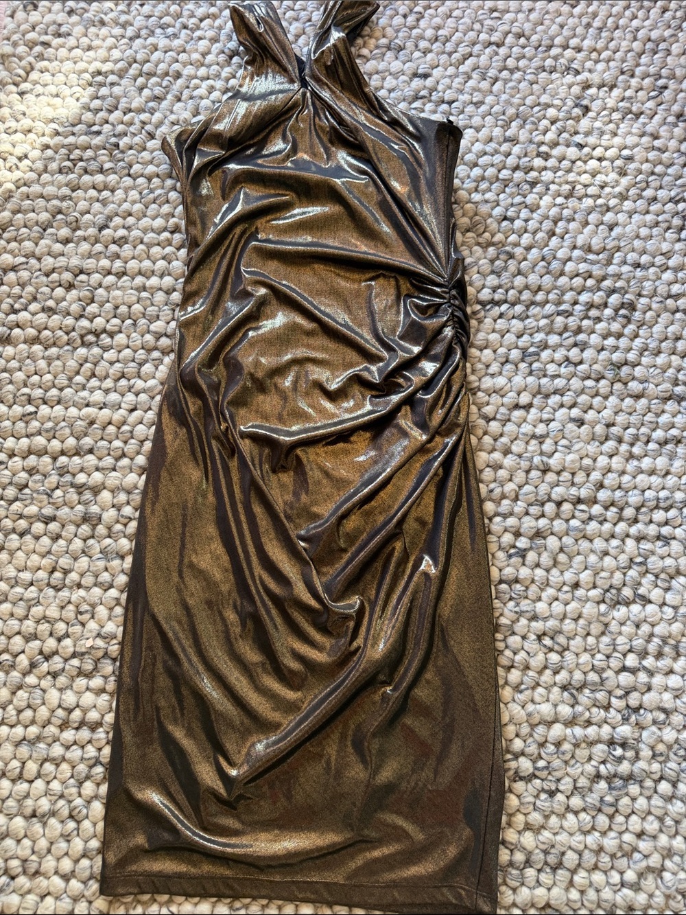 David Meister Bronze Metallic Ruched Halter Midi Dress